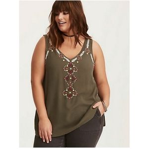 Torrid Olive Green Aztec Embroidered Top